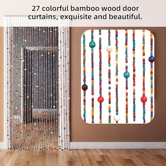 Beaded Curtain for Doorways - Colorful Boho Bamboo Handmade Hanging Wooden Door Beads, Fly Screen, 90 x 190 cm