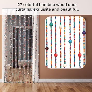 Beaded Curtain for Doorways - Colorful Boho Bamboo Handmade Hanging Wooden Door Beads, Fly Screen, 90 x 190 cm