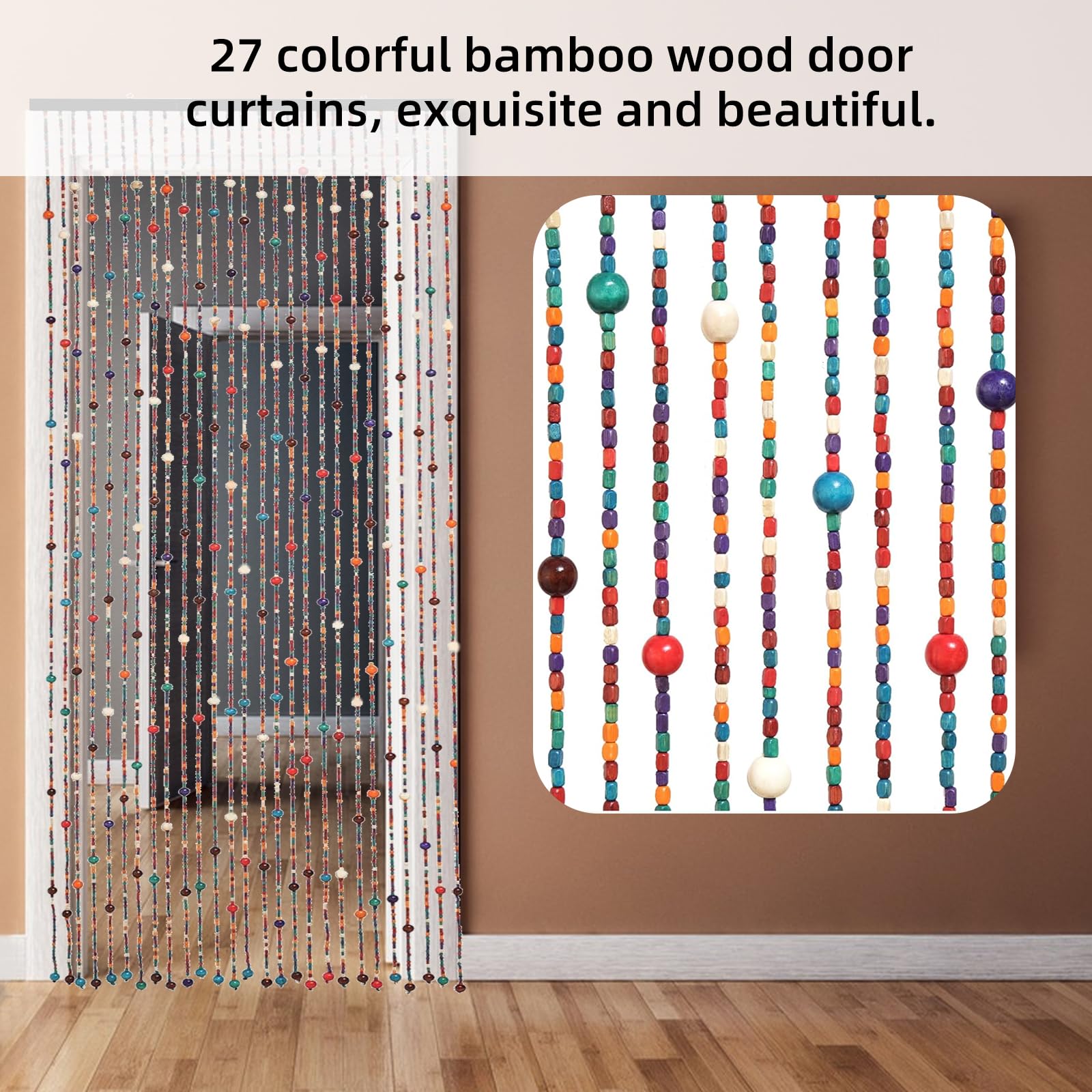 Btstil Kralendeurgordijn, 90 x 200 cm, 52 strengen, beige, boho-stijl, deurgordijn, bamboe, retrostijl, houten kralen, voor decoratie, ruimteverdeler, muggennet