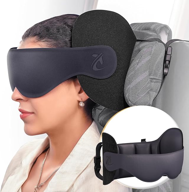 Almohada de Viaje, Cervical Viaje para el Cuello de Avión | Correa para la Cabeza con Mascarilla 3D para Dormir, Soporte 360°, Esenciales de Viaje para Hombres y Mujeres, Gris