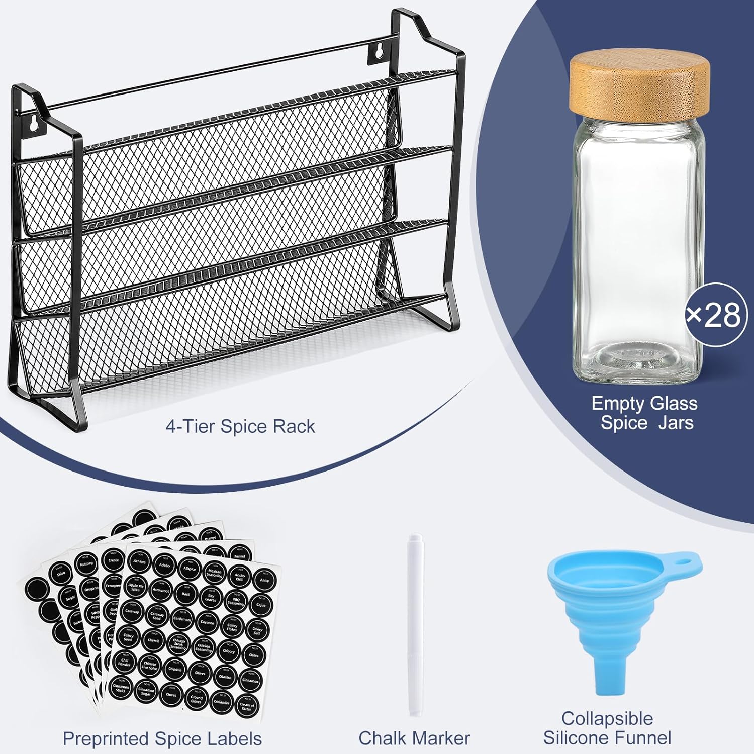 AOZITA Spice Rack Organizer for Cabinet, 28 Empty Spice Jars with Bamboo lids, Funnel, Spice Labels, Seasoning Organizer for Countertop, Cabinet, Kitchen, Pantry, Cupboard