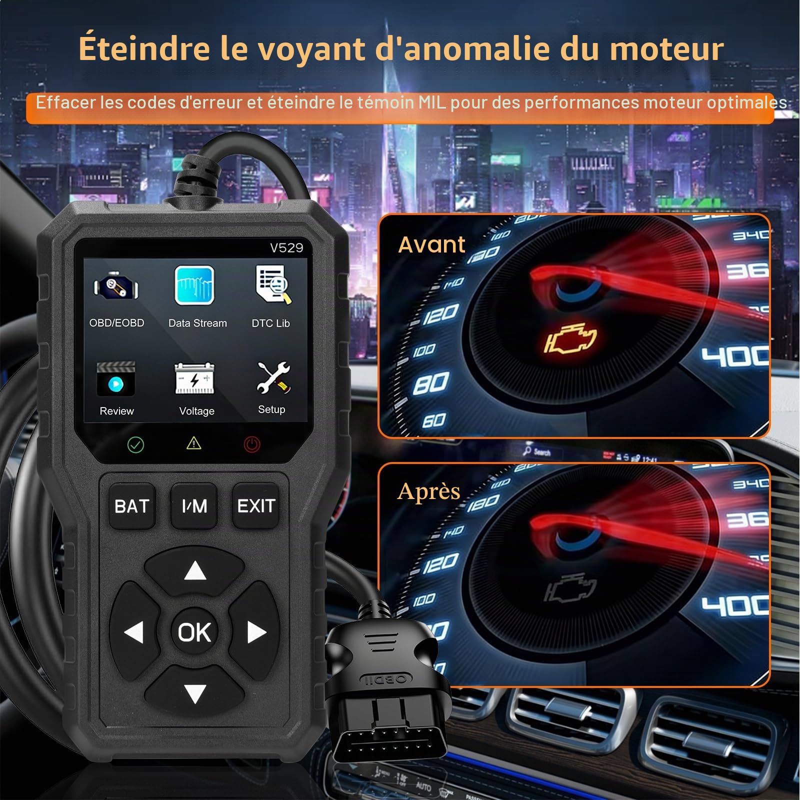 Appareil de Diagnostic OBD2 Universel pour Voiture et Moto - Lecteur de Code de Défaut avec Écran Couleur HD, Surveillance de Batterie - Outil de Diagnostic Complet pour Véhicules 12V