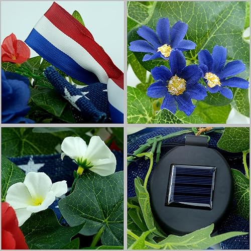 Miniatura 6 de HOSY Botín de buzón preiluminado con luces LED alimentadas por energía solar, rosas rojas blancas y azules, decoración temática patriótica para el