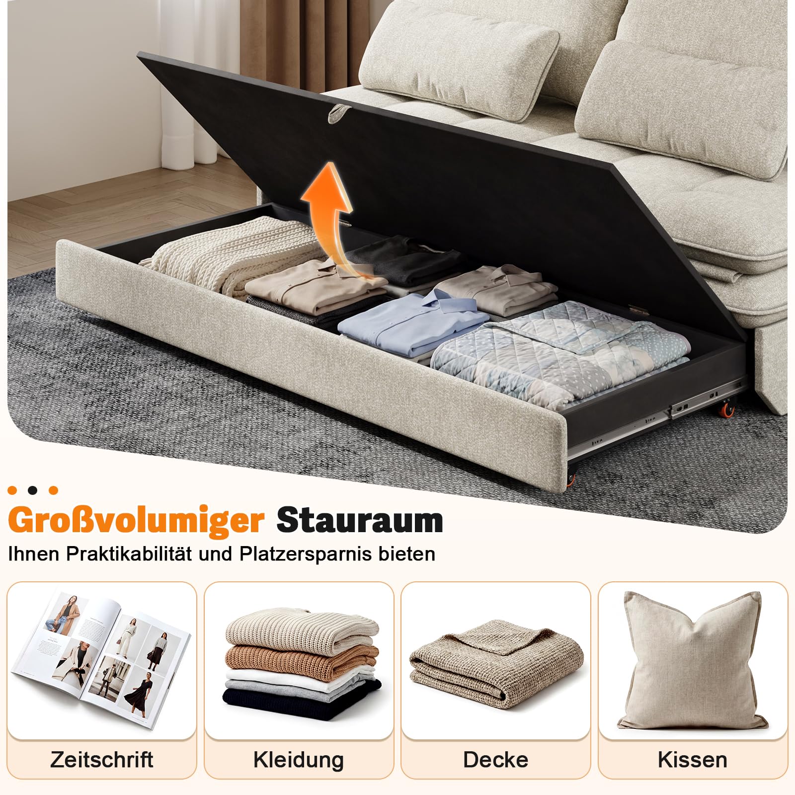 Devoko Sofa mit Schlaffunktion 190 x 157 Ausziehbares Schlafsofa mit Bettkasten Kleine 2 Sitzer Chenille Couch Klappsofa Schlafcouch mit Stauraum für Wohnung und Wohnzimmer, Beige