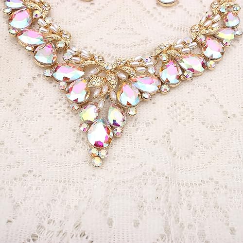 Miniatura 6 de Enrwin Gold Plated Wedding Bridal Bridesmaid Austrian Crystal Pearl Costume Statement Necklace Dangle Earrings Jewelry Set for Wedding Party Prom