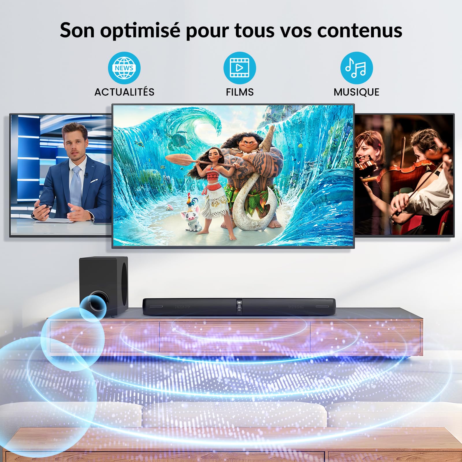 Barre de Son avec Caisson de Basses pour appareils TV, Barre de Son Amovible 2 en 1, 120 W, 3 Modes, Compatible avec Bluetooth 5.3/Arc/Opt/AUX pour TV, PC, Jeux, projecteur, 1 Pack