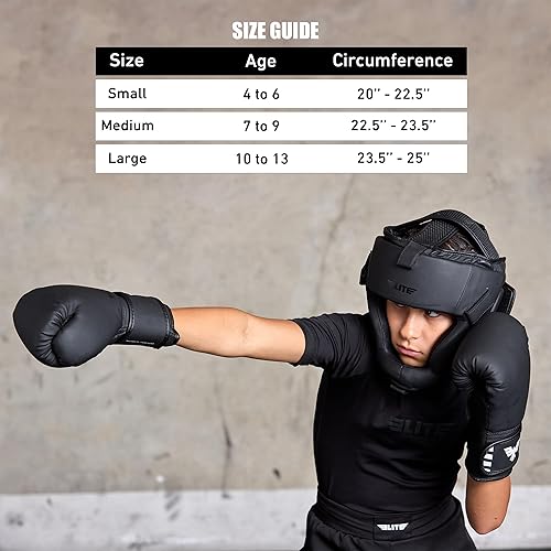 Miniatura 6 de Elite Sports Los mejores tocados de boxeo para niños de 4 a 13 años MMA Kickboxing Muay Thai BJJ Karate Head Guard para niños y niñas (negro)