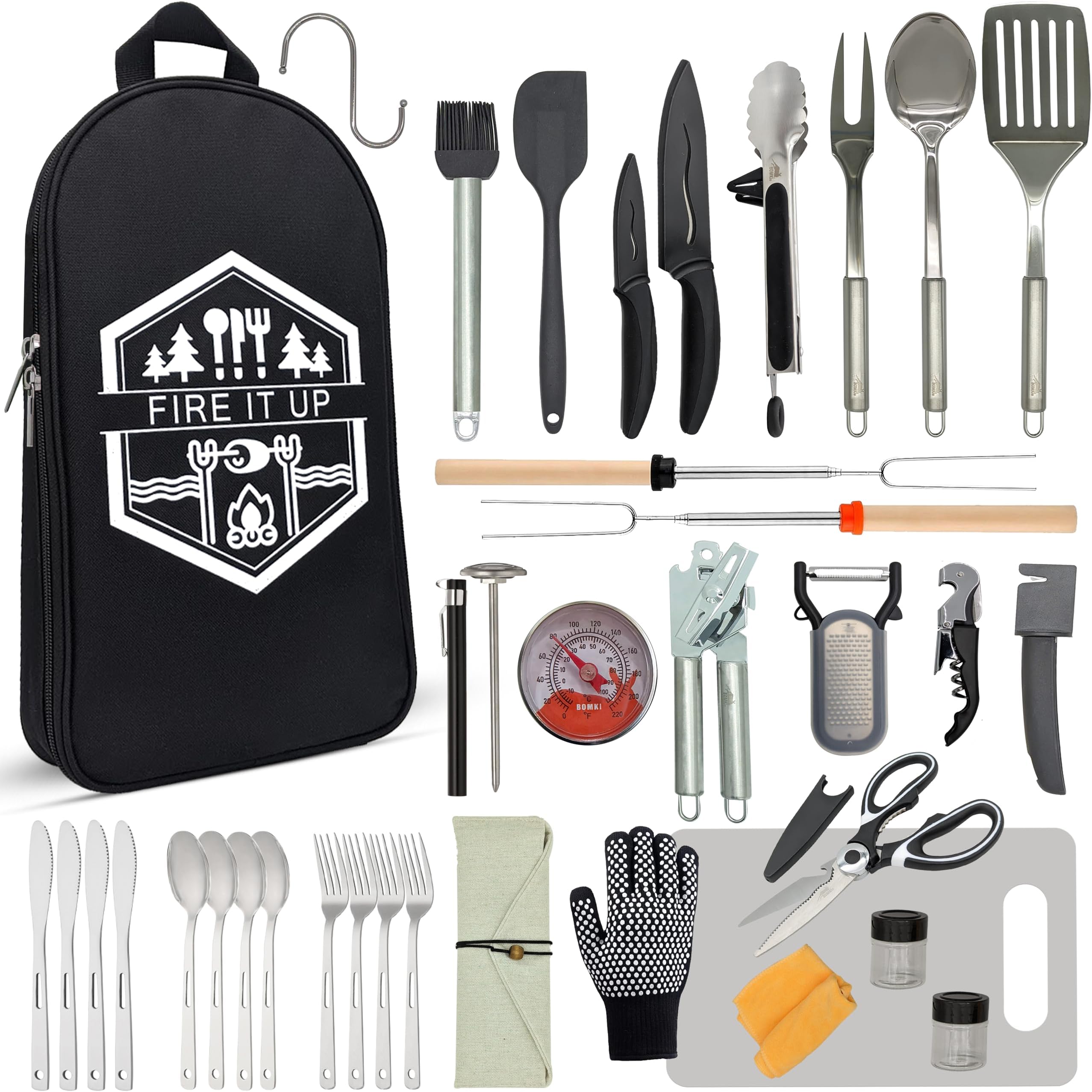 BOMKI Grilling and Camping Cooking Utensils Set for The Outdoors BBQ - Camping Utensil Set Kitchen Set Cookware Accessories Glamping Essentials Camp Stuff Camp Cooking Set (Black Pro)