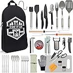 BOMKI Grilling and Camping Cooking Utensils Set for The Outdoors BBQ - Camping Utensil Set Kitchen Set Cookware Accessories Glamping Essentials Camp Stuff Camp Cooking Set (Black Pro)