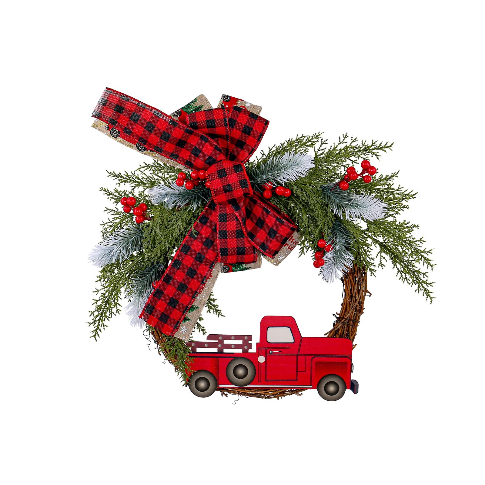 Truck Christmas Wreath with Realistic Berries Bowknot for Door Mantels Wall Decor Red Truck Christmas Wreath