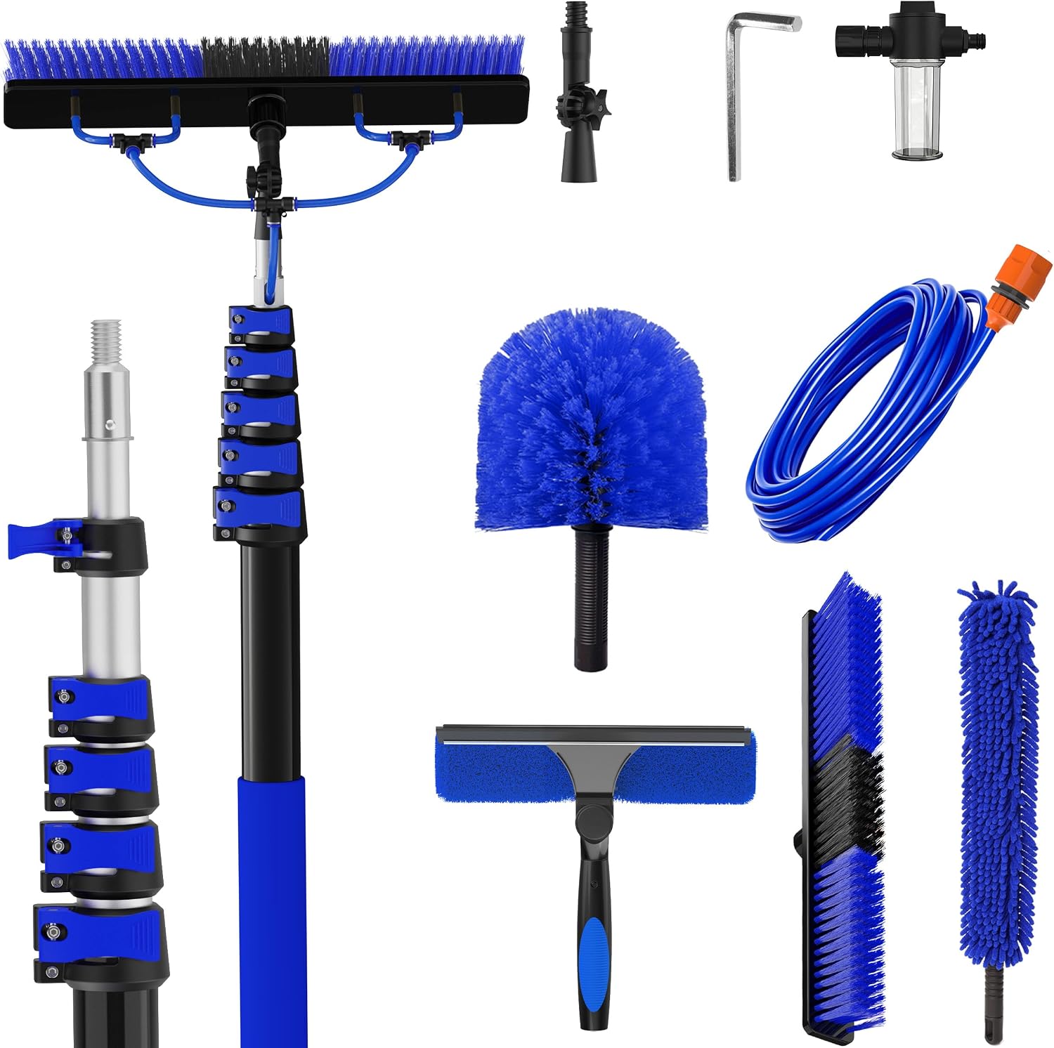 30FT Reach Solar Panel Cleaning Brush Kit with 5-24FT Telescoping Pole, 40FT Hose, 20" Water Fed Brush, Soap Dispenser, Cobweb Duster, Squeegee & High Ceiling Duster for Roof, RV, Gutter, Boat, Deck