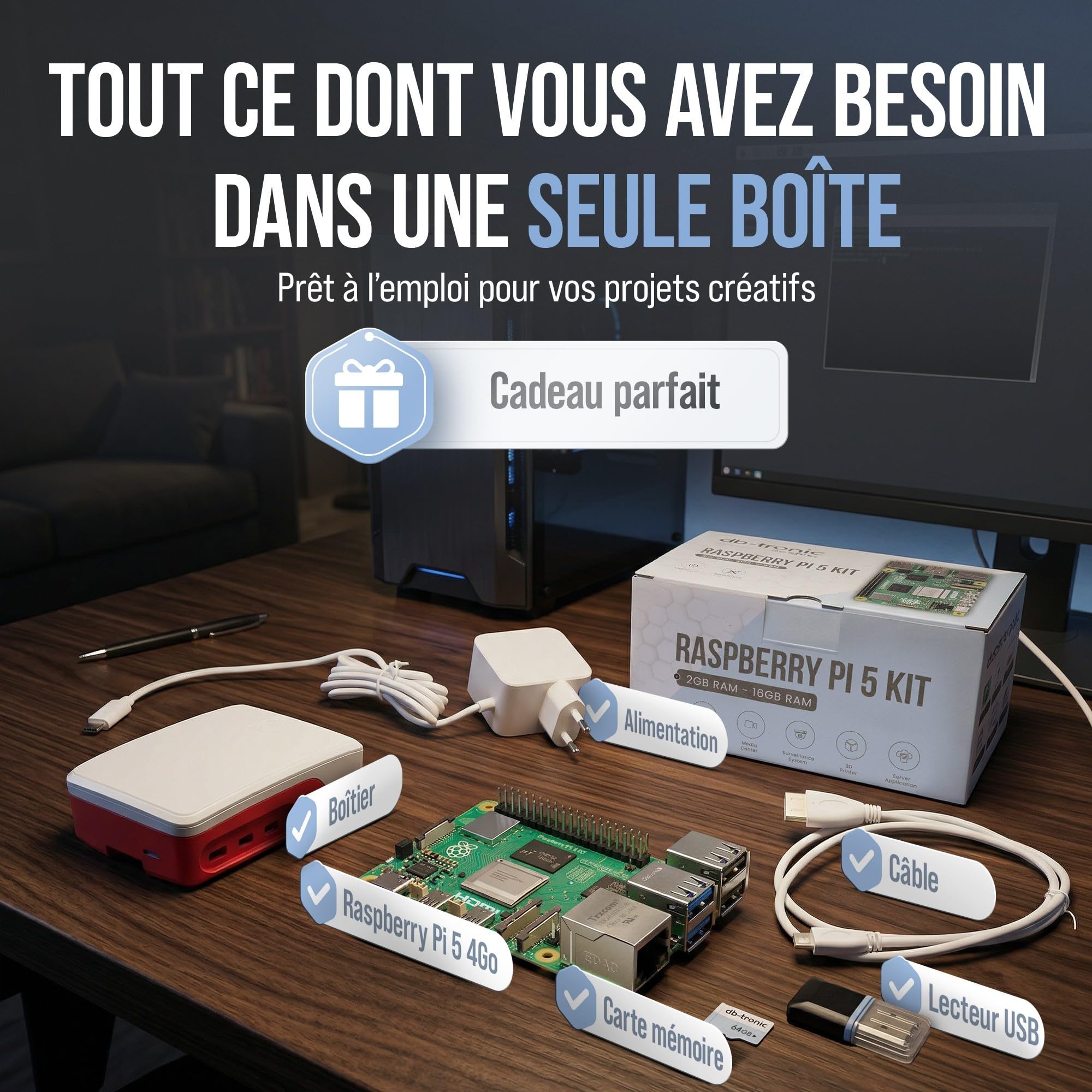 db-tronic Raspberry Pi 5 4 Go Starter Kit | Édition 64 Go | Alimentation 27 W | Boîtier avec Ventilateur | Micro HDMI 4K | Dissipateur | idéal pour Home Assistant et Le Smart Home