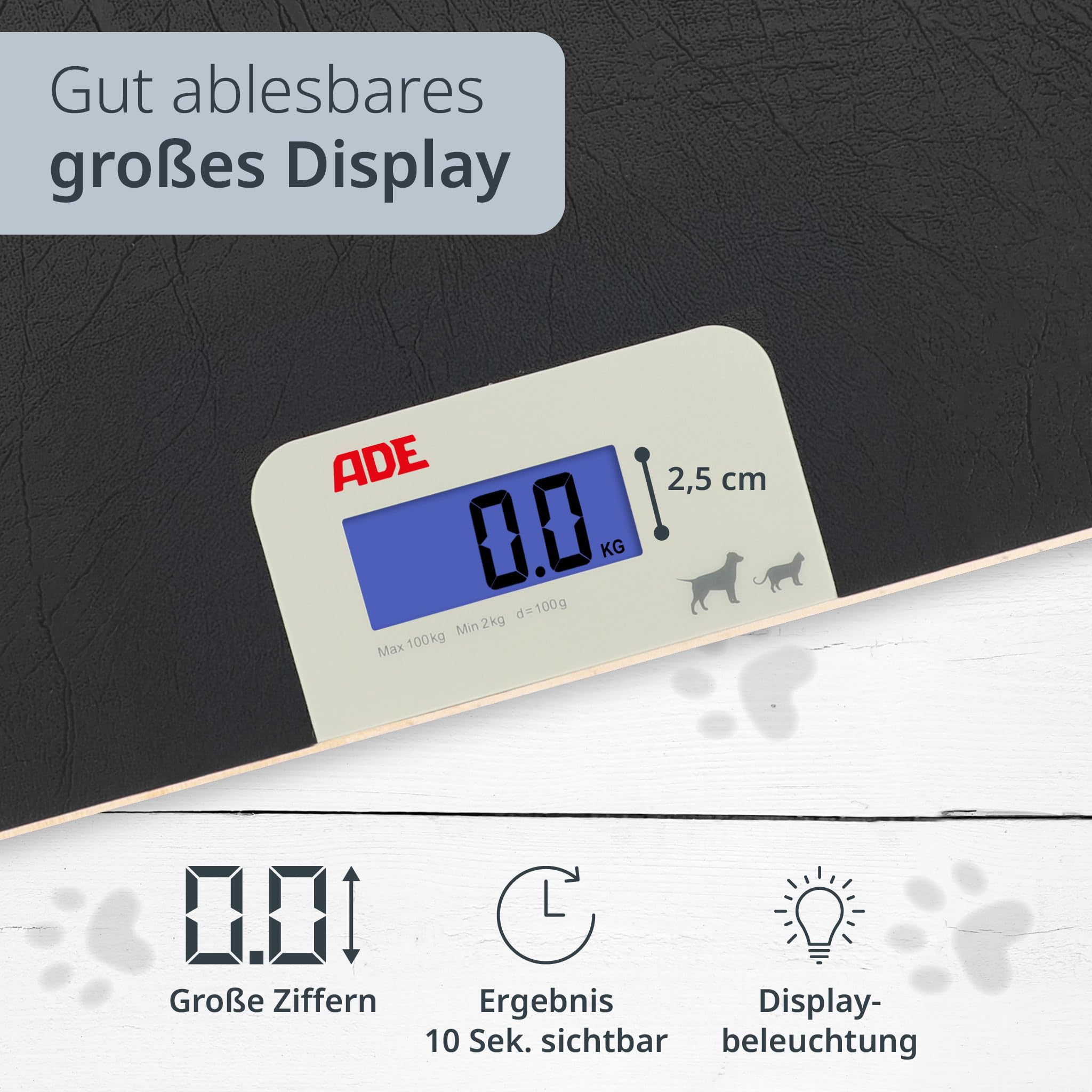ADE Digitale Tierwaage bis 100 kg | große Hundewaage XL | extra leicht und flach | pfotenfreundliche Oberfläche | auch für Katzen und Kleintiere