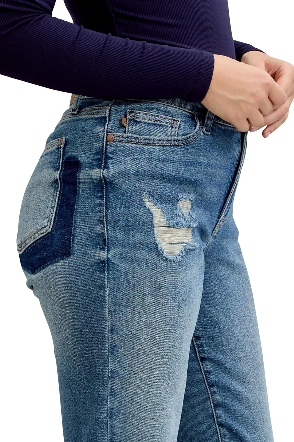 Judy Blue Women's Mid-Rise Boyfriend Fit Patch & Repair Destroy Release Hem Jeans