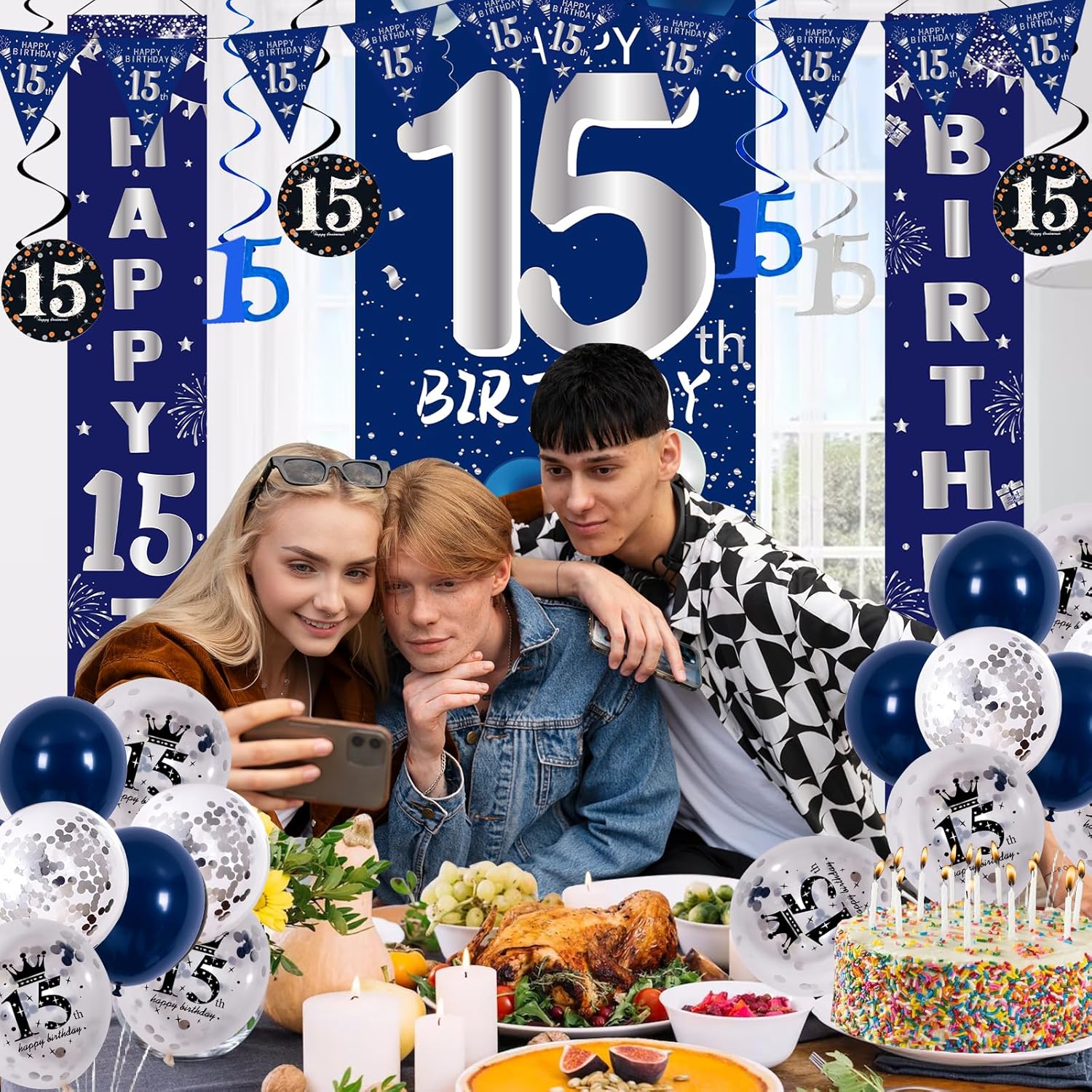 15th Birthday Decorations for Boys Girls, Navy Blue Happy 15th Birthday Door Banner Sign, 15 Years Old Party Supplies Teenagers Bday Backdrop Balloons Hanging Decors - Image 3
