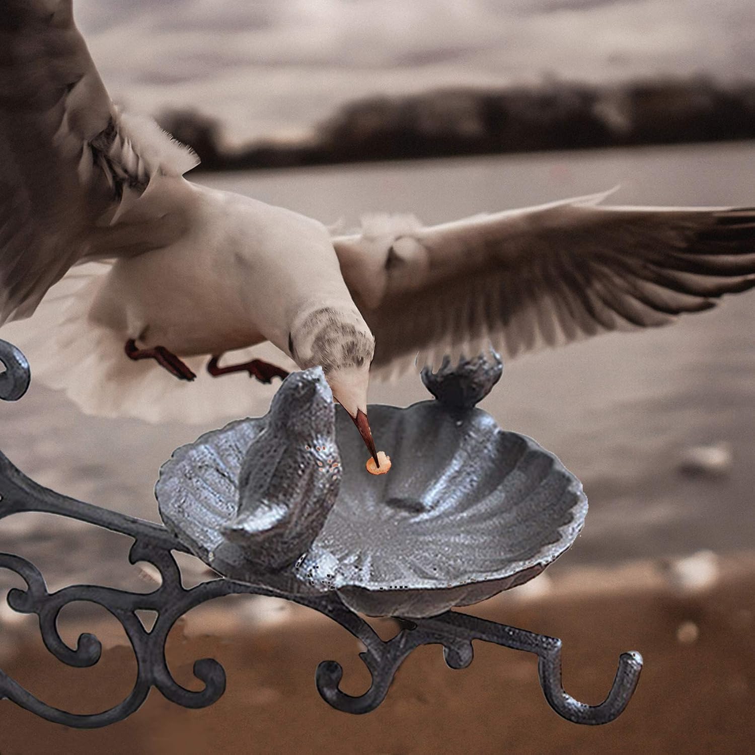 Outdoor Hanging Bracket with Bird Feeder - Cast Iron Hanger Wall Hook for Hanging Planters, Lanterns, Wind Chimes and More Garden Decorative Items, Wall Mounted Mini Bird Bath