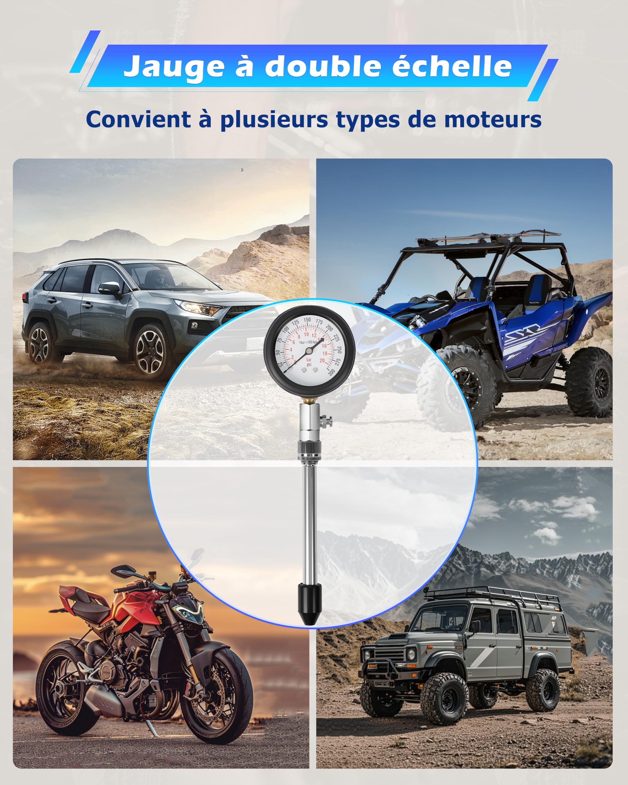 DAYUAN Testeur de Compression, Coffret de compressiomètre Set de compresseur pour Tous Moteurs Deux Kfz M10 M12 M14 M18 0-20 bar & 0-300 psi