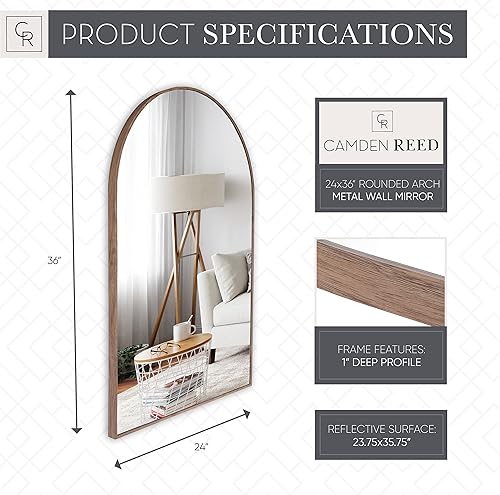 Miniatura 2 de Camden Reed Espejo de pared de metal con arco redondeado de 24 x 36 pulgadas, color marrón, espejo para entrada, sala de estar, baño, dormitorio
