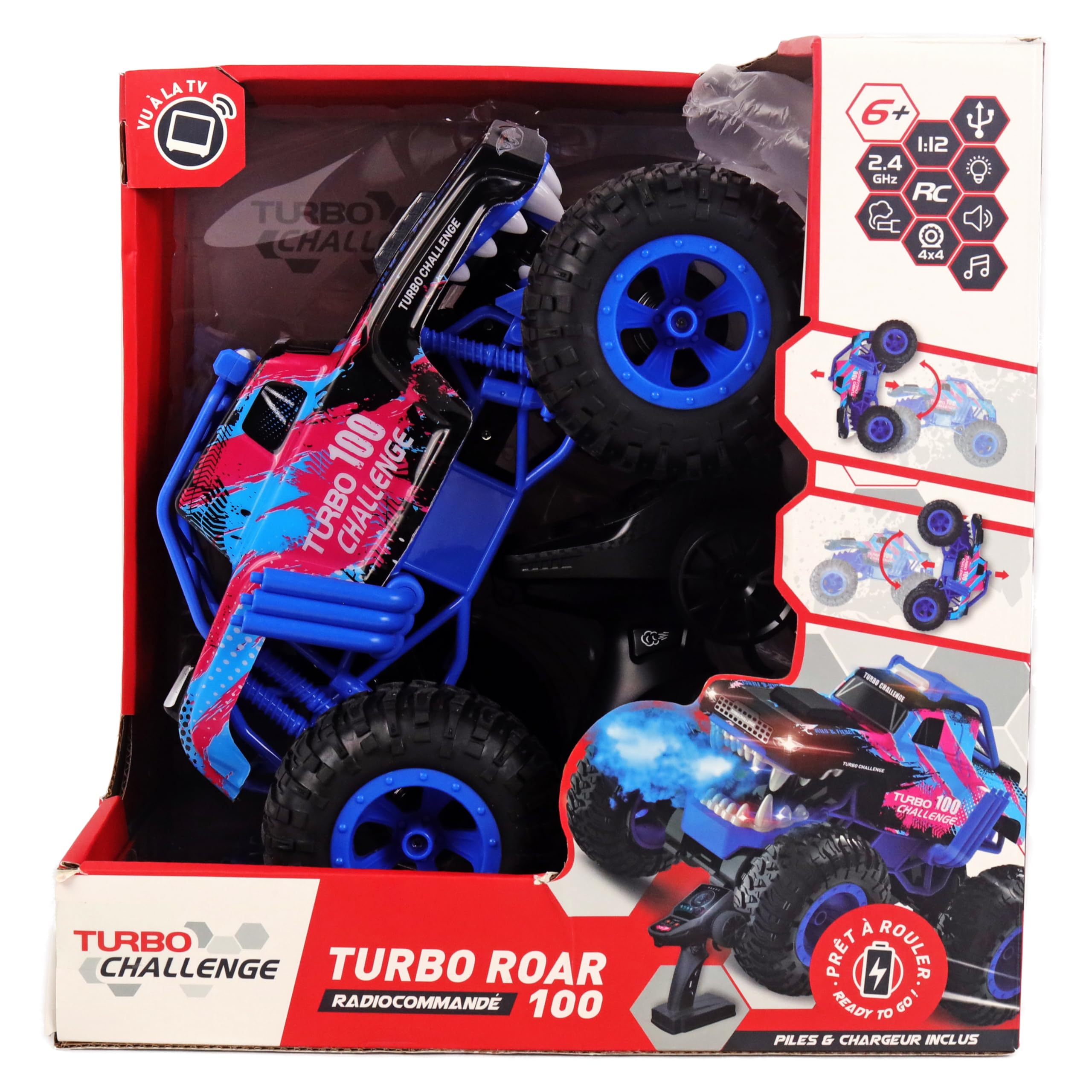 TURBO CHALLENGE - Turbo Roar 100 - Cascade - 1/12-095360 - Voiture Télécommandée - Bleu - Prêt à Rouler - Option Fumée - Batterie Rechargeable et Piles incluses - Plastique - À Partir de 6 Ans