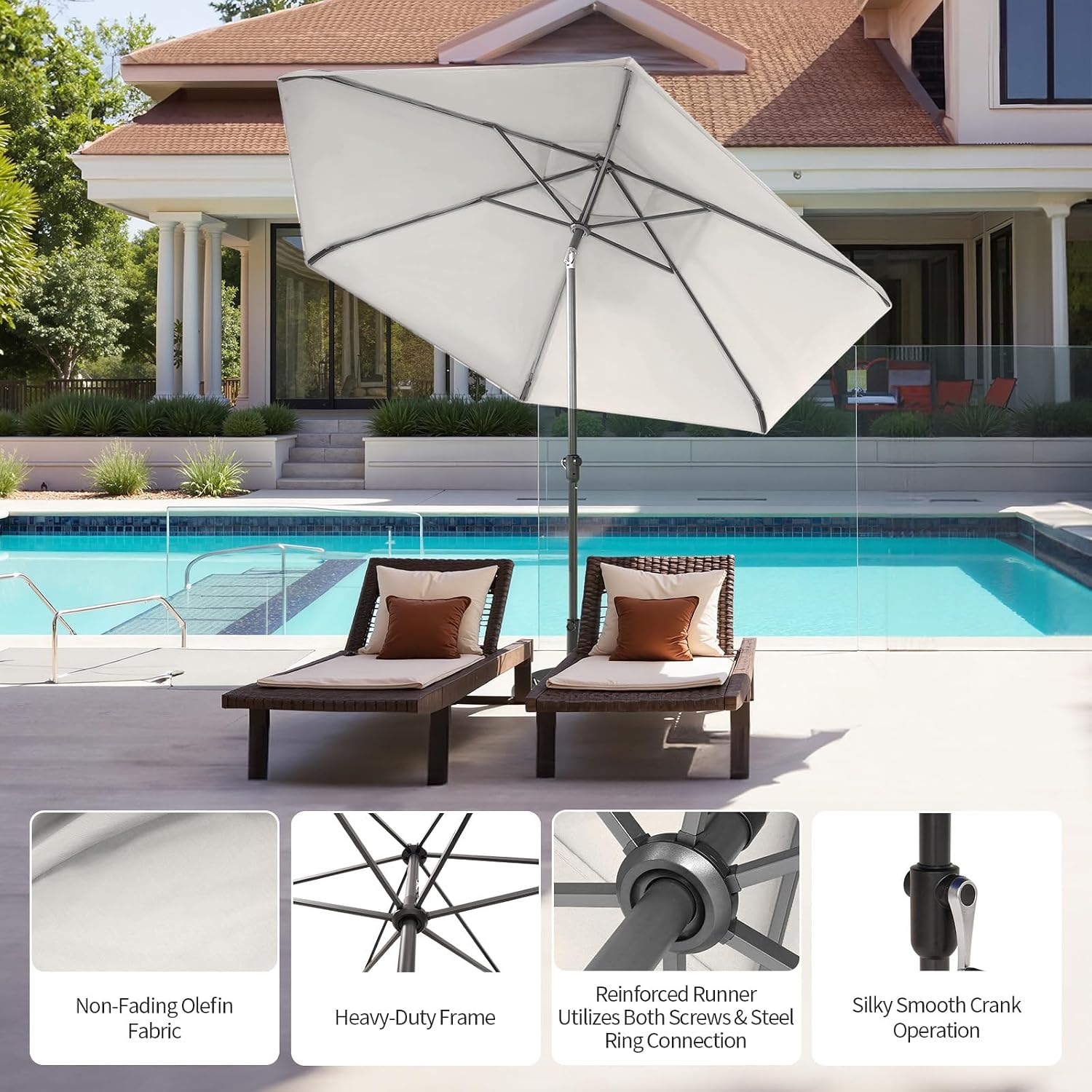 CROWN SHADES 9 Ft Patio Umbrella with Auto-Tilt & Olefin Fabric - Patented 45°Edge Connection Wind Resistant Outdoor Umbrella for Table, Pool, Beach, Effortless Crank System(Base Not Included)