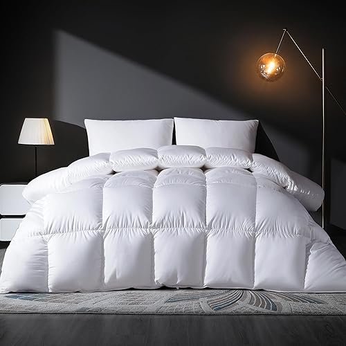 Feather Down Comforter Queen Size Duvet Insert, All Season True Baffle-Box Noiseless Bedding Comforters, Soft Hotel Collection Bed Comforter, Medium Warmth - White, 90 X 90 in.