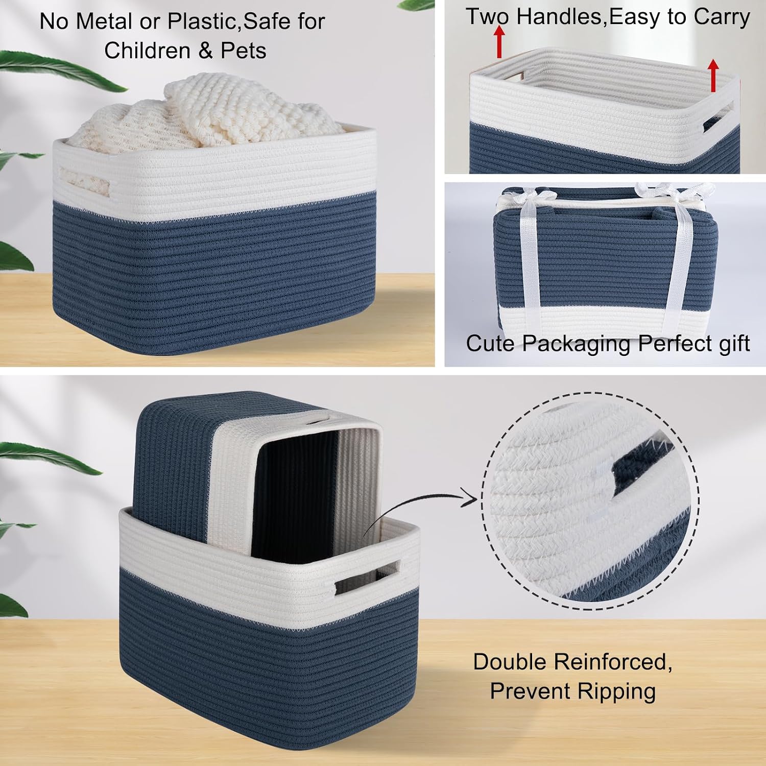 OIAHOMY Storage Baskets - Pack of 3 Large Cotton Rope Rectangular Baskets (Gradient Blue)