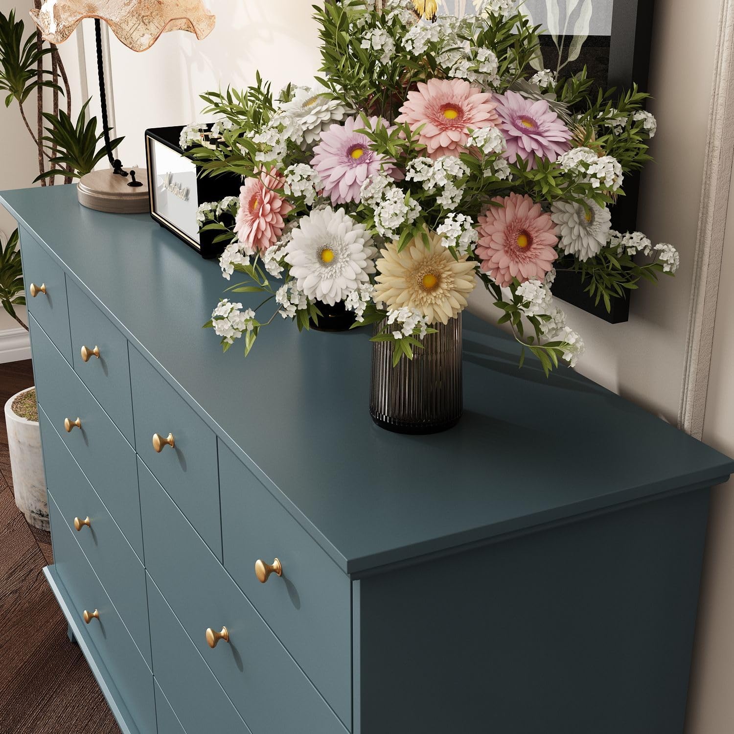 FAMAPY Chest of Drawers 10 Drawer Dresser, Modern Dresser with Wooden Legs, Gold Handles, for Bedroom Navy (55.1”W x 15.7”D x 35.4”H)