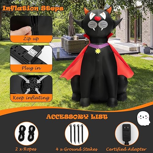Miniatura 5 de Tangkula Gato negro vampiro inflable de Halloween de 4.7 pies con capa roja, decoración navideña inflable con 2 luces LED integradas, 2 sacos de