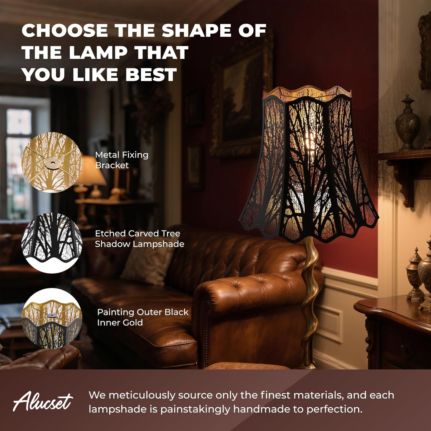 ALUCSET Large Lamp Shade with Etching Process, Octagonal Wave Shaped Metal Lampshade for Table Lamps and Floor Lamp, Top Diameter 10" × Bottom Diameter 16" × Height 14.75" Spider, Pattern of Forest