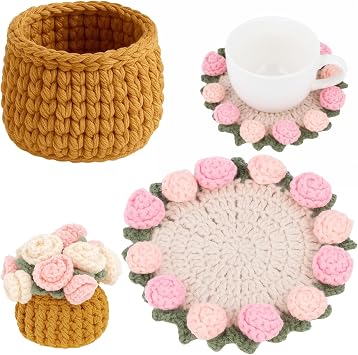 Crochet Coasters Set with Basket, Cute for Desk, Unique Handmade Knit Coasters, Gift for Home Decor