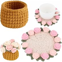 Crochet Coasters Set with Basket, Cute for Desk, Unique Handmade Knit Coasters, Gift for Home Decor