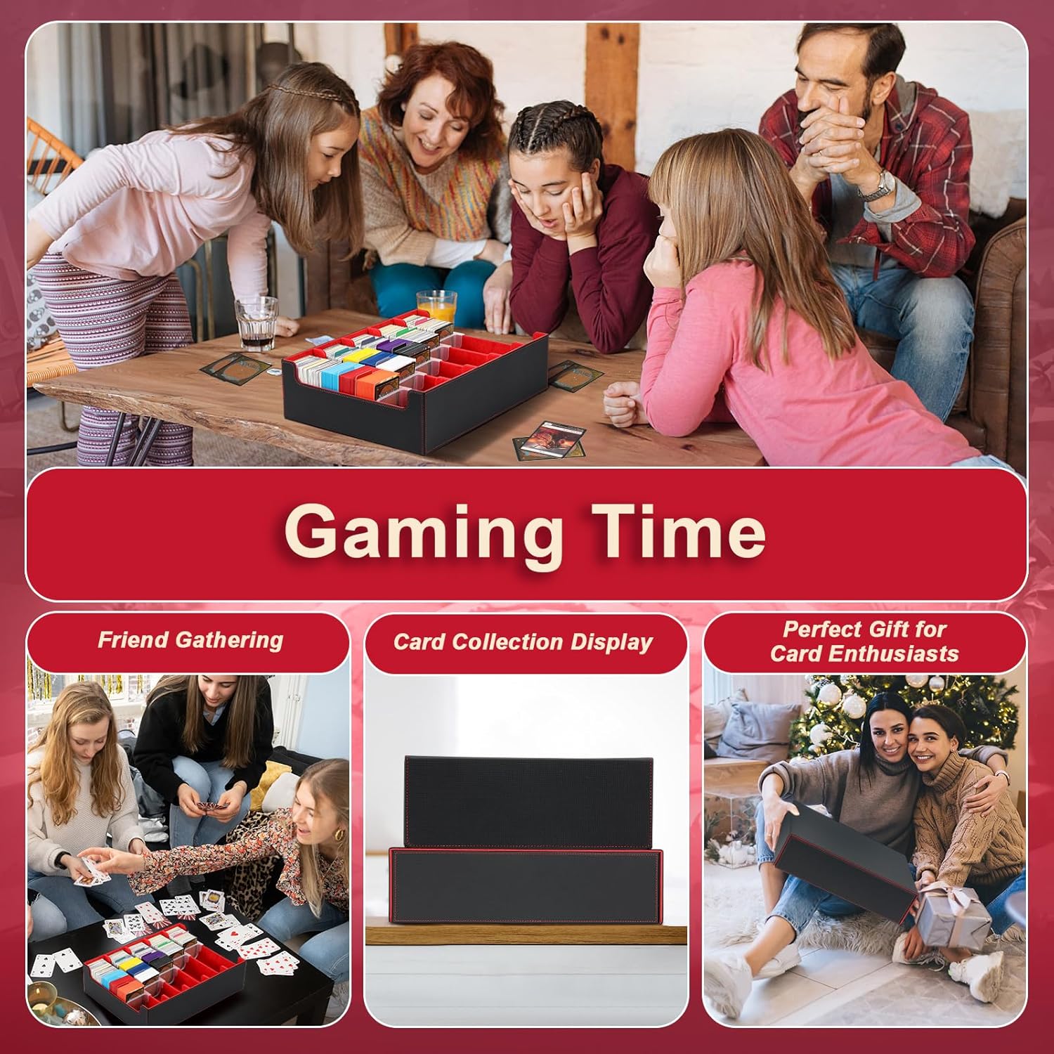 TiMOVO Trading Cards Storage Box, 3800+ MTG Card Deck Box with 24 Colorful Dividers & 5 Card Supporters, 5 Rows Magnetic Leather Commander Deck Box Fits MTG Yugioh TCG Magic Game Cards, Black+Red