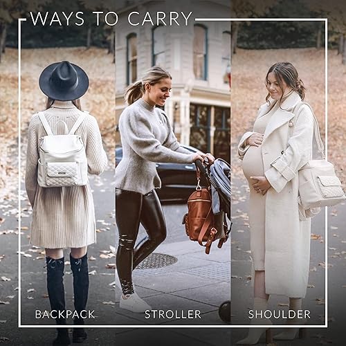 Miniatura 4 de Petit Monaco - Mochila para pañales de Luli Bebe - Mochila elegante de cuero vegano para pañales con correas para cochecito, Latte marrón, L, Moderno