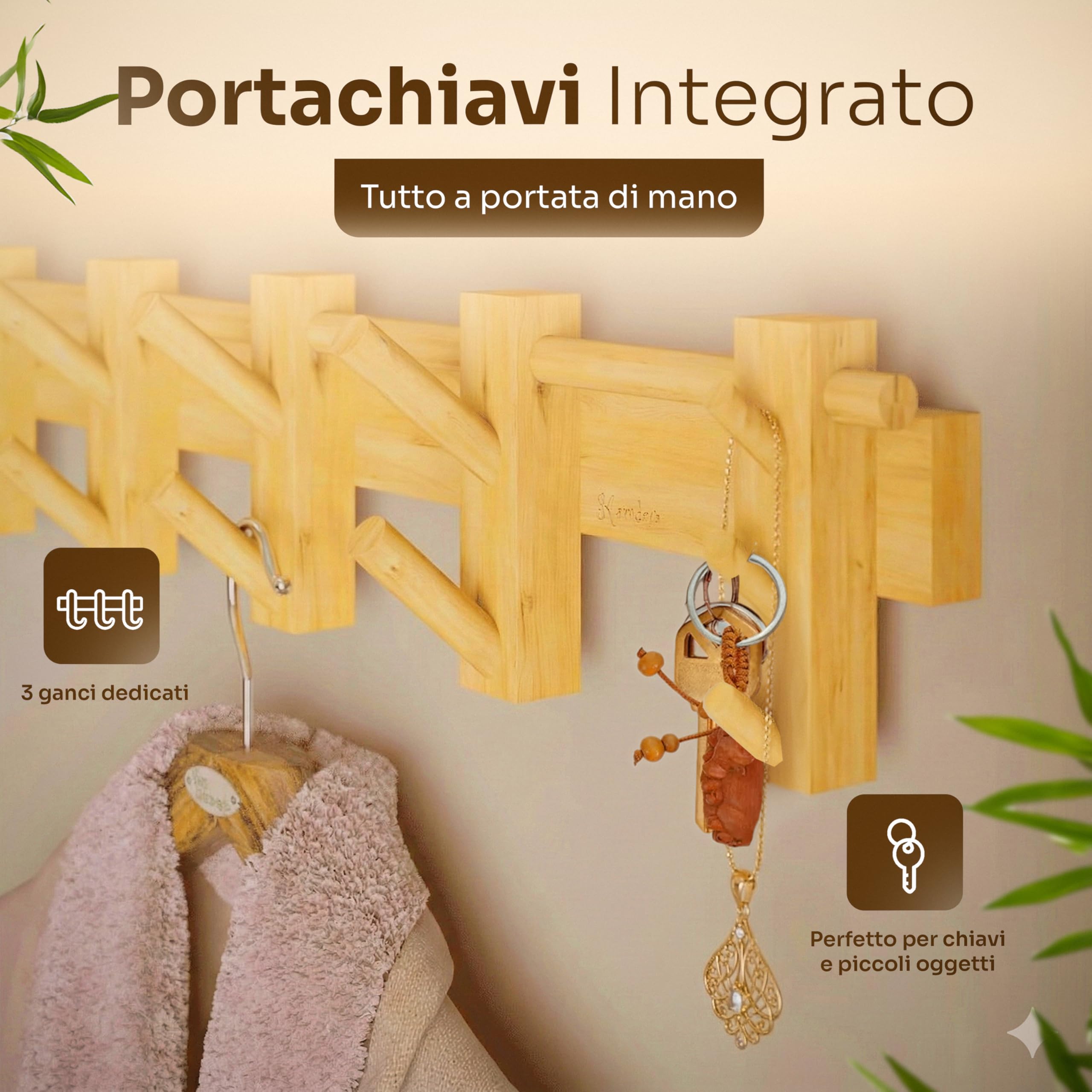 Attaccapanni da parete - 58cm - Appendiabiti da Parete Legno Ecofriendly - 4 Ganci Doppi di cui 2 Mobili - Appendiabiti da Muro - Portachiavi da Parete Design