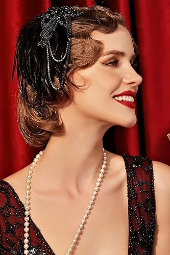 Miniatura 3 de BABEYOND Diadema con cuentas de plumas de los años 20, accesorio para el cabello de Gatsby de los años 20 (negro)