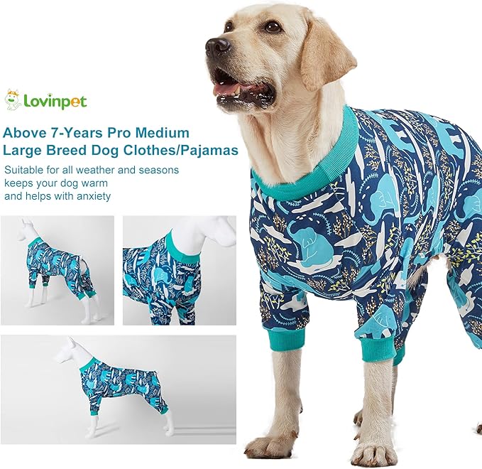 LovinPet Ropa para Perros Grandes, Pijama de Tela de Punto Ligera y Elástica, Estampado de Elefante Azul, Protección UV, Mediana miniatura 7