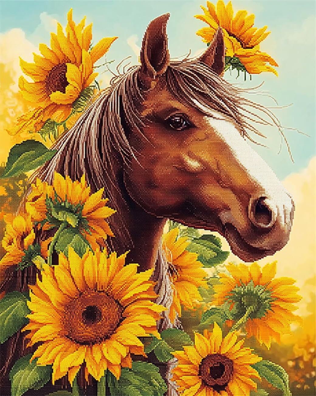 RKFLGEW DIY Embroidery Beads Set Horse and Sunflower 50x70cm