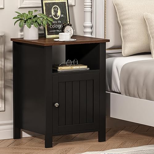 Miniatura 5 de ChooChoo Juego de 2 mesitas de noche, mesa auxiliar rústica vintage con almacenamiento para dormitorio, sala de estar, negro y marrón Negro y