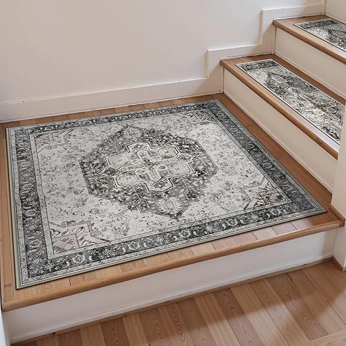 Miniatura 34 de OJIA Alfombra antideslizante a juego para peldaños de madera, parte trasera de goma cuadrada antideslizante, alfombra de aterrizaje para escaleras