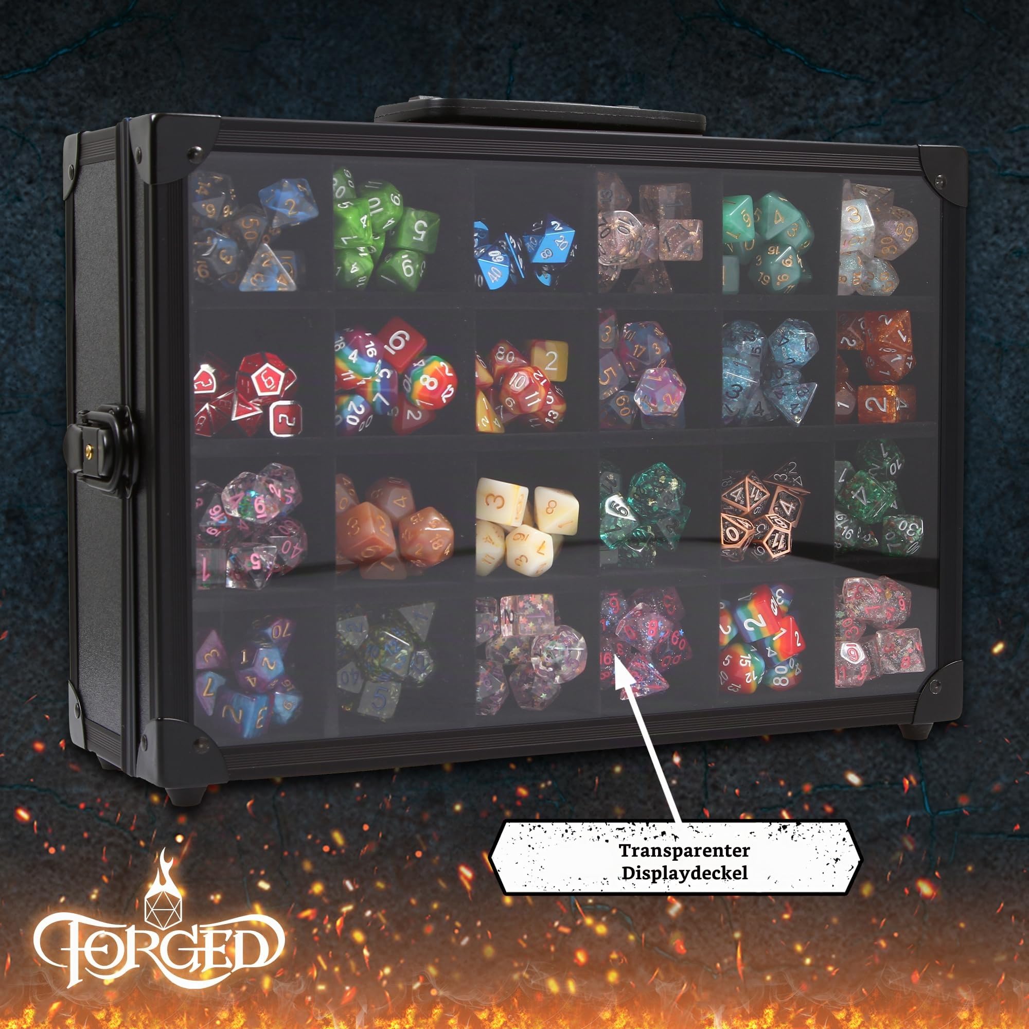 Forged Dice Co. Würfelvitrine und Rolltablett mit 3 herausnehmbaren geteilten Würfelablagen – Aufbewahrungsbox für bis zu 720 polyedrische Würfelsets aus Metall oder Kunststoff – ideal für