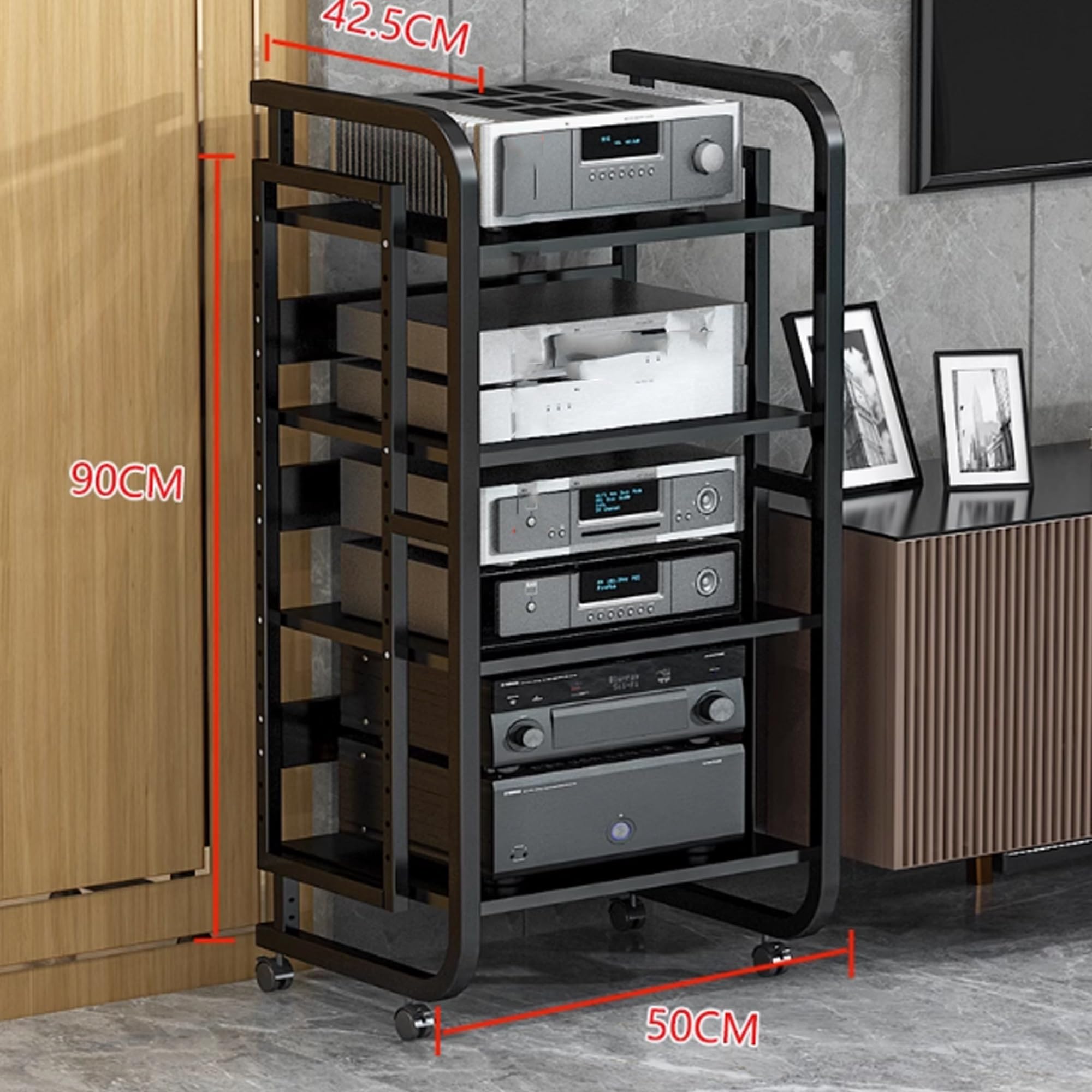 Meuble de rangement multimédia avec étagères réglables pour équipement audio et vidéo, parfait pour l'organisation du salon