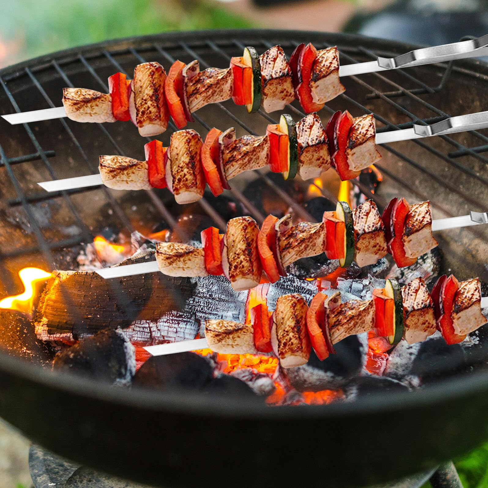 Spiedini per Barbecue in Acciaio Inox Ondulati, Argento | Base e Borsa Incluse, per Party All’aperto e Picnic, Impugnatura Antiscivolo e Trasporto Facile