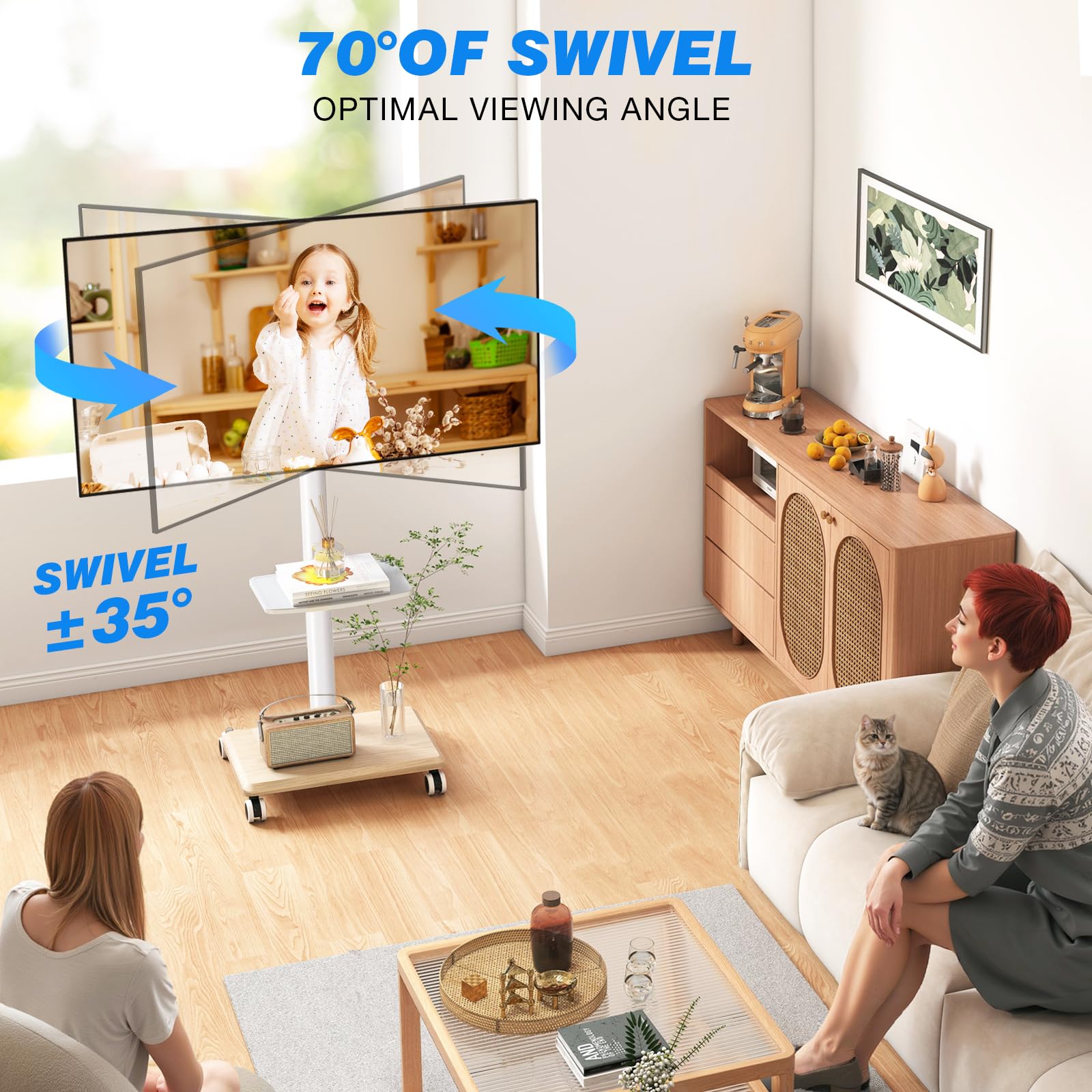 5Rcom Support TV roulettes Blanc Pied TV pour Télé de 27-55 Pouces, Réglable en Hauteur et Pivotant Support TV sur Pied avec roulettes Meuble Support TVs avec Base en Bois VESA Max 400x400mm Max 30kg
