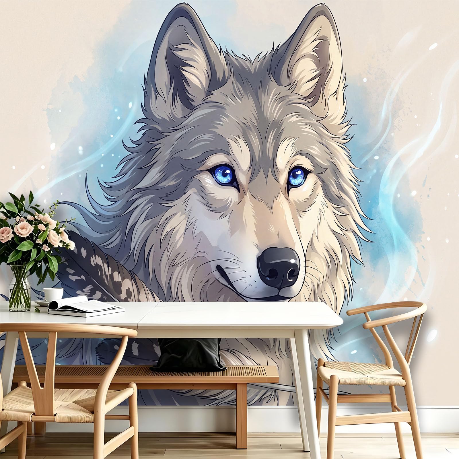 Générique Tapeta wilk szare pióro fala 300 x 210 cm (szer. x wys.) gigantyczny plakat ścienny 3D, fototapeta z kreskówki, fototapeta z włókniny do salonu, sypialni i kuchni