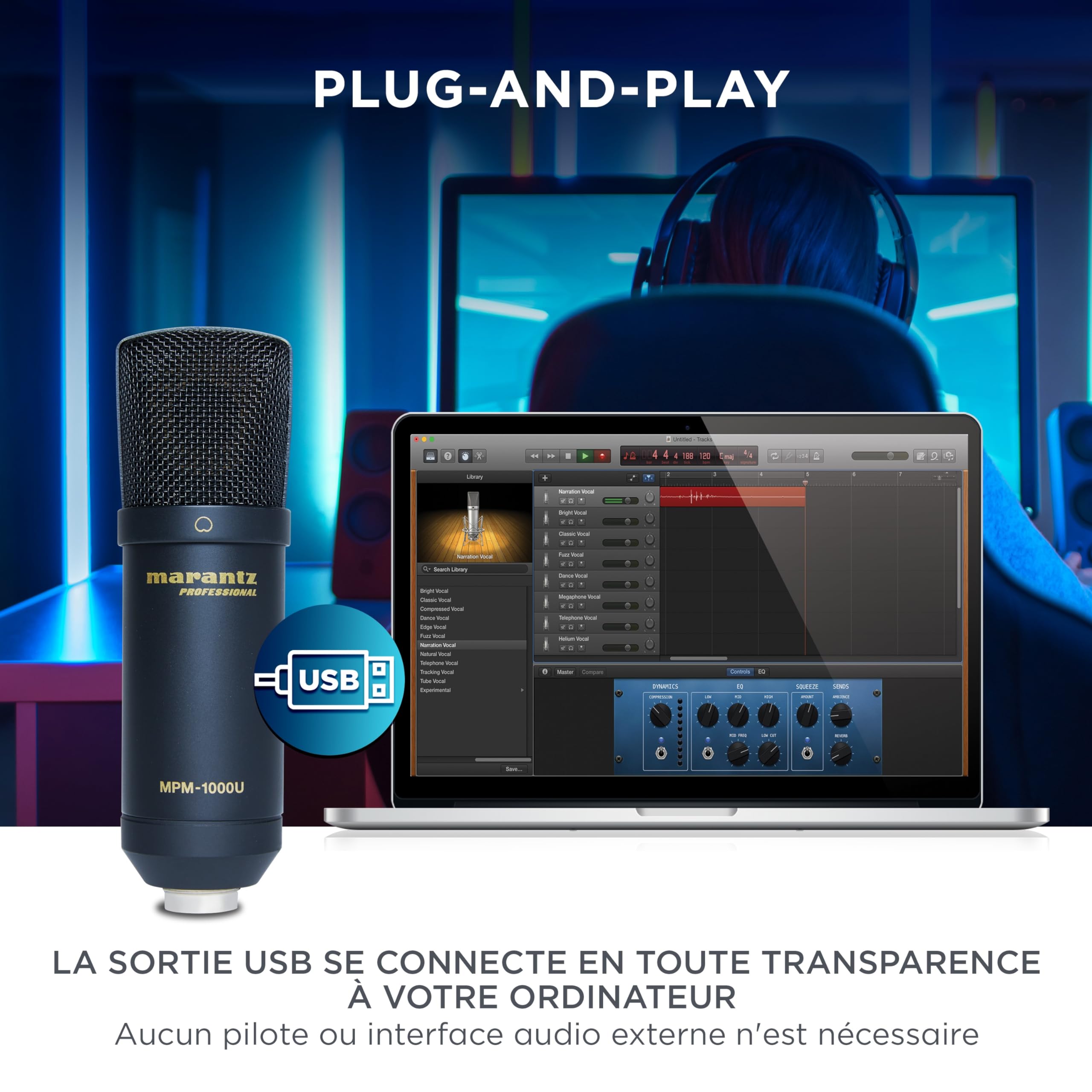 Marantz Professional MPM1000U Microphone à Condensateur USB pour Gaming, Streaming et Podcasting - Interface Audio Intégrée, Support Bureau, Plug-and-Play, Noir | Plug and Play USB, compatible PC et Mac, pour chat vocal, création de contenu, jeux, streami