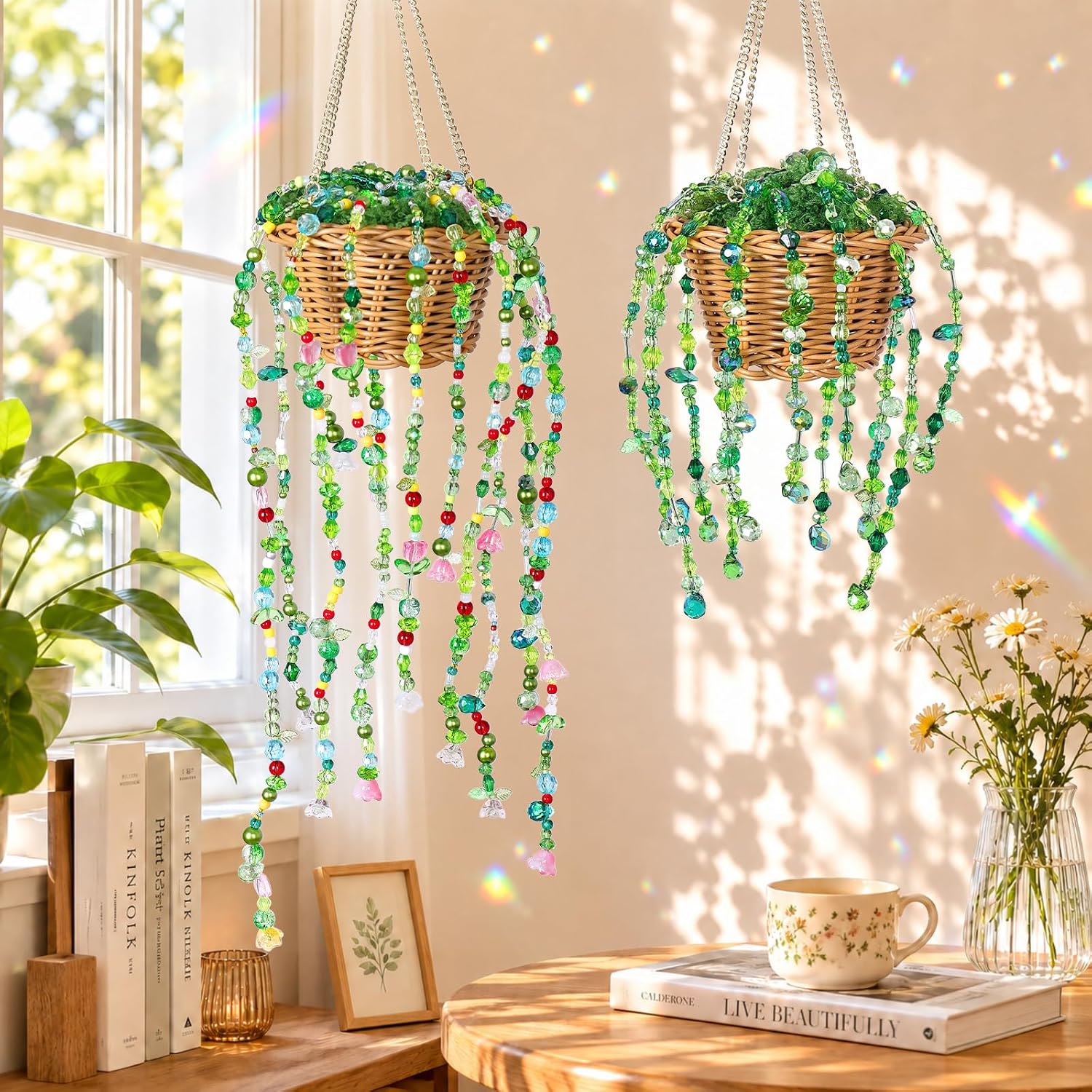 DEMIUKO 4074PCS Beaded Plant Kit Green Glass Beads with Rattan Basket