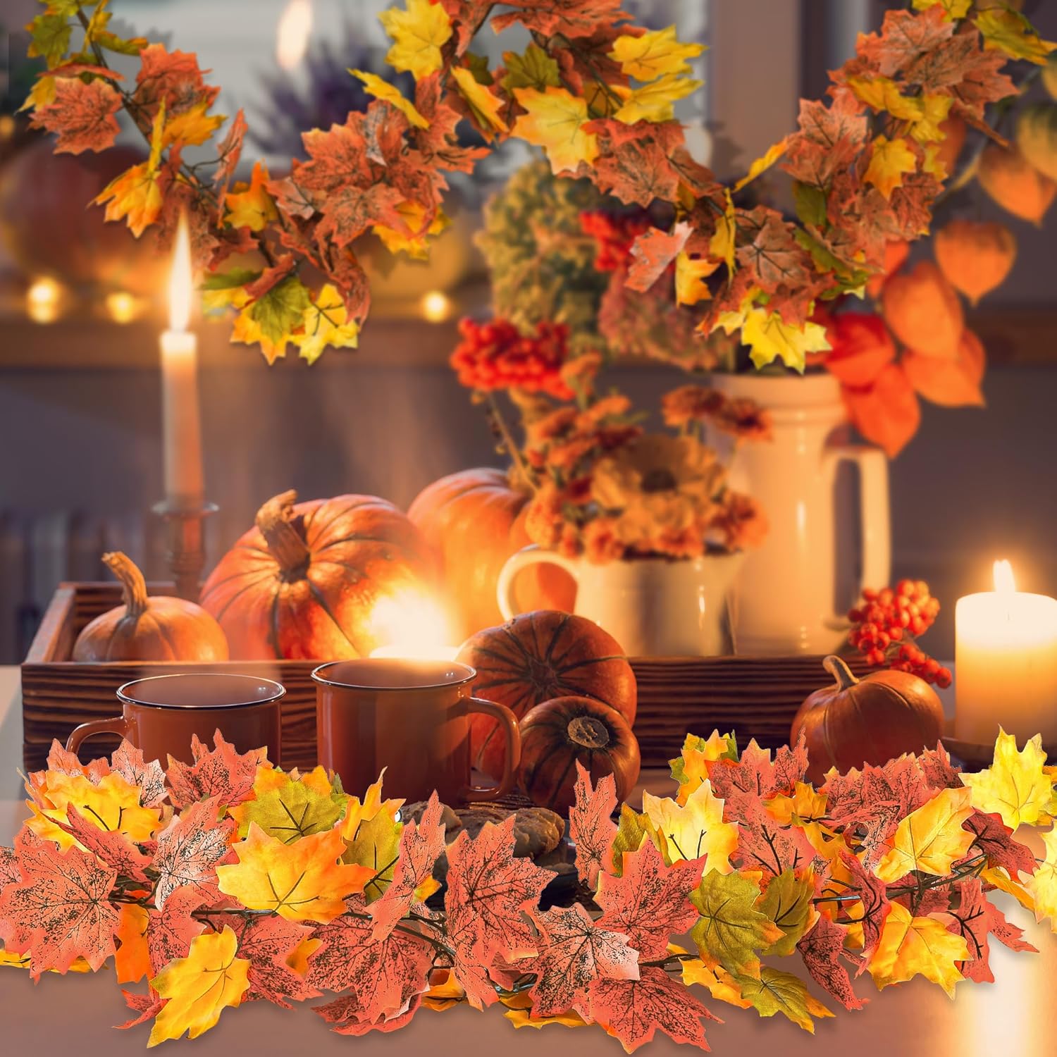 Helimoto Maple Leaf Garland, 8 Pack 47.2 FT Hanging Fall Garland, Artificial Maple Outdoor Autumn Leaves Garlands, Fall Decorations for Home Thanksgiving Decor Wedding Party Wall Fireplace Mantle