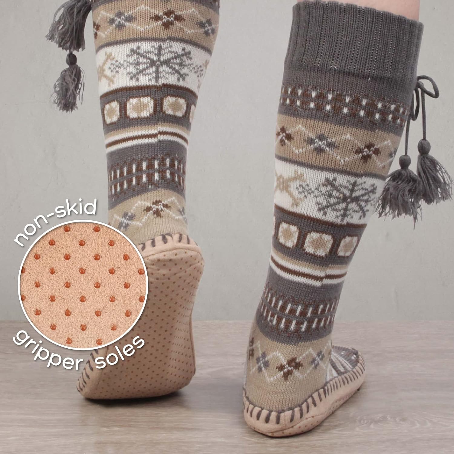 BambooMN Women's Patterned Knit Gripper Boot Slippers with Tassel