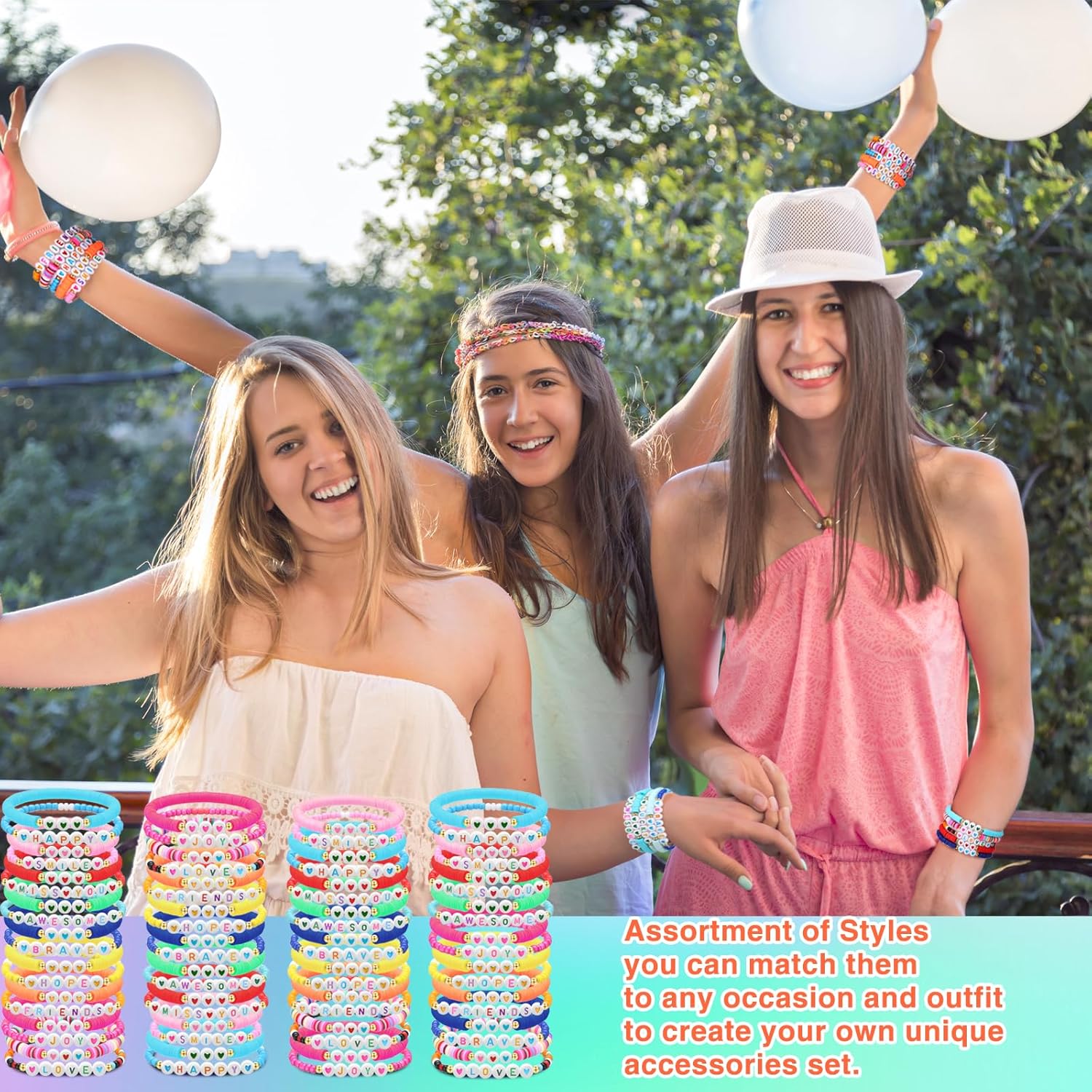 100 Pcs Beaded Friendship Bracelets Bulk Colorful Inspirational Stretch Bracelets Y2k Preppy Adjustable Jewelry for Rainbow Princess Women Beach Party Favor Gifts(Love Heart) - Image 6