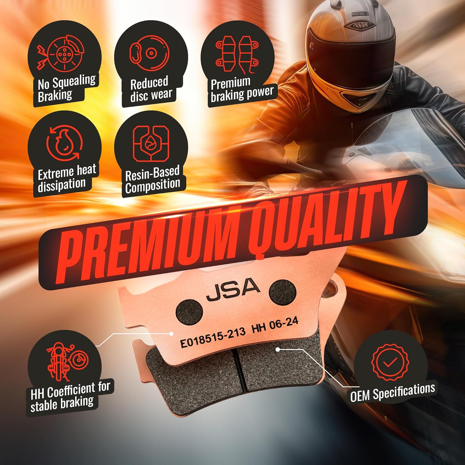 JSA Brakes 213 HH Rear Brake Pads for BMW F800GS, G310R, Indian Scout, Ducati Scrambler, Triumph & Aprilia – Resin-Based Organic HH Compound with Copper Backing Plate
